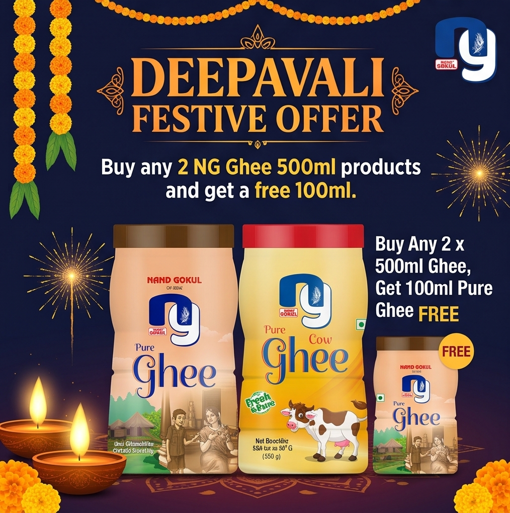 NG Ghee Deepavali festive offer poster: buy any two 500ml NG Ghee jars, shown as a Pure Ghee jar and a Pure Cow Ghee jar, and get a 100ml Pure Ghee jar free, framed by marigold garlands, diyas and sparklers.